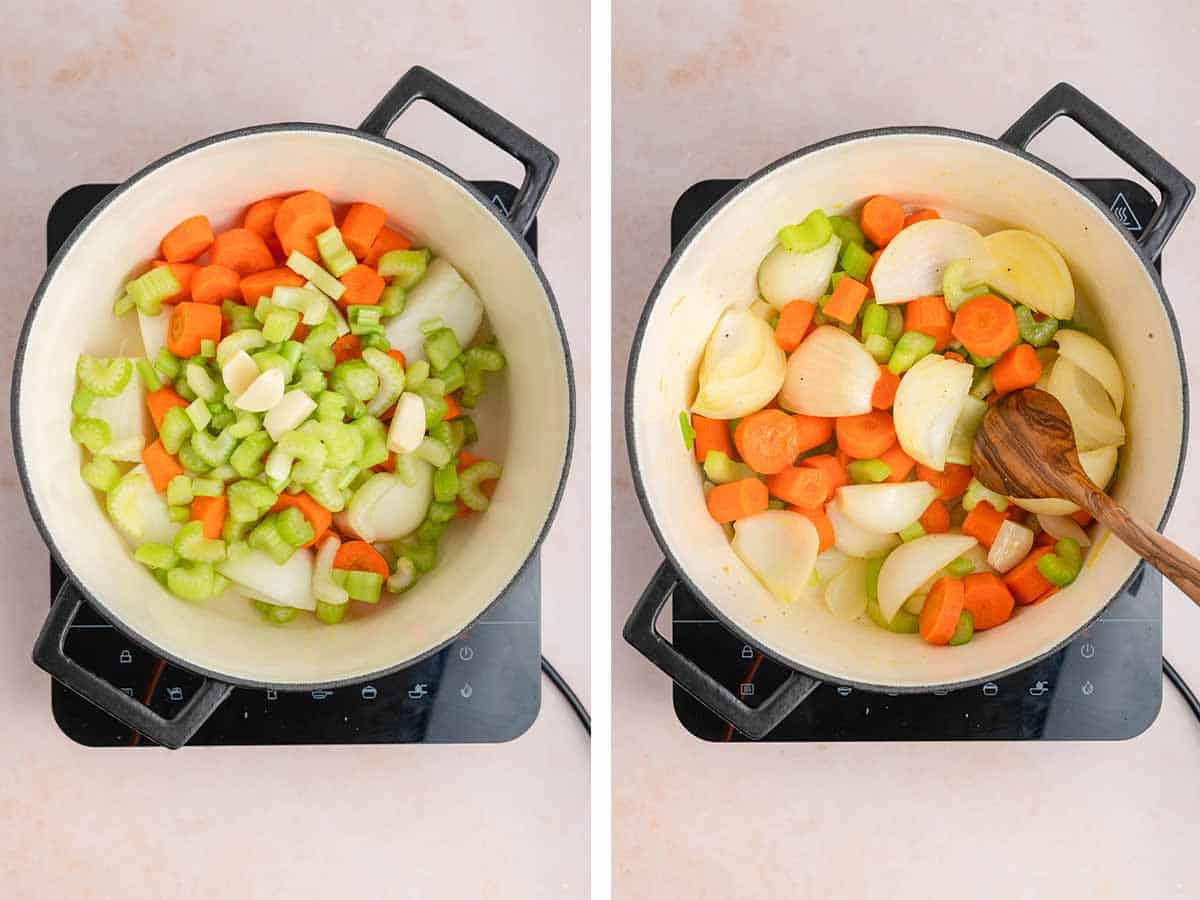 Set of two photos showing veggies added to a pot and cooked.