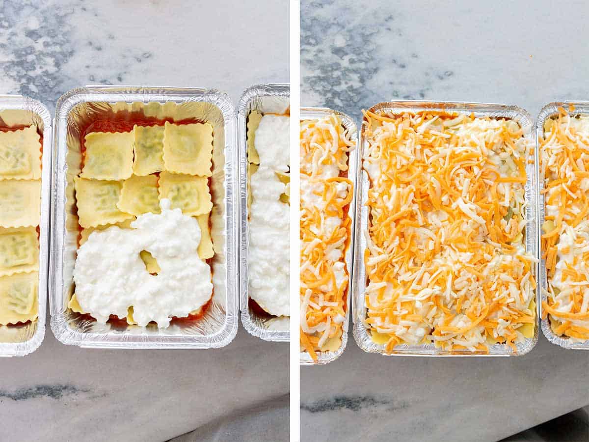 Set of two photos showing how to make freezer ravioli lasagna in small aluminum containers.
