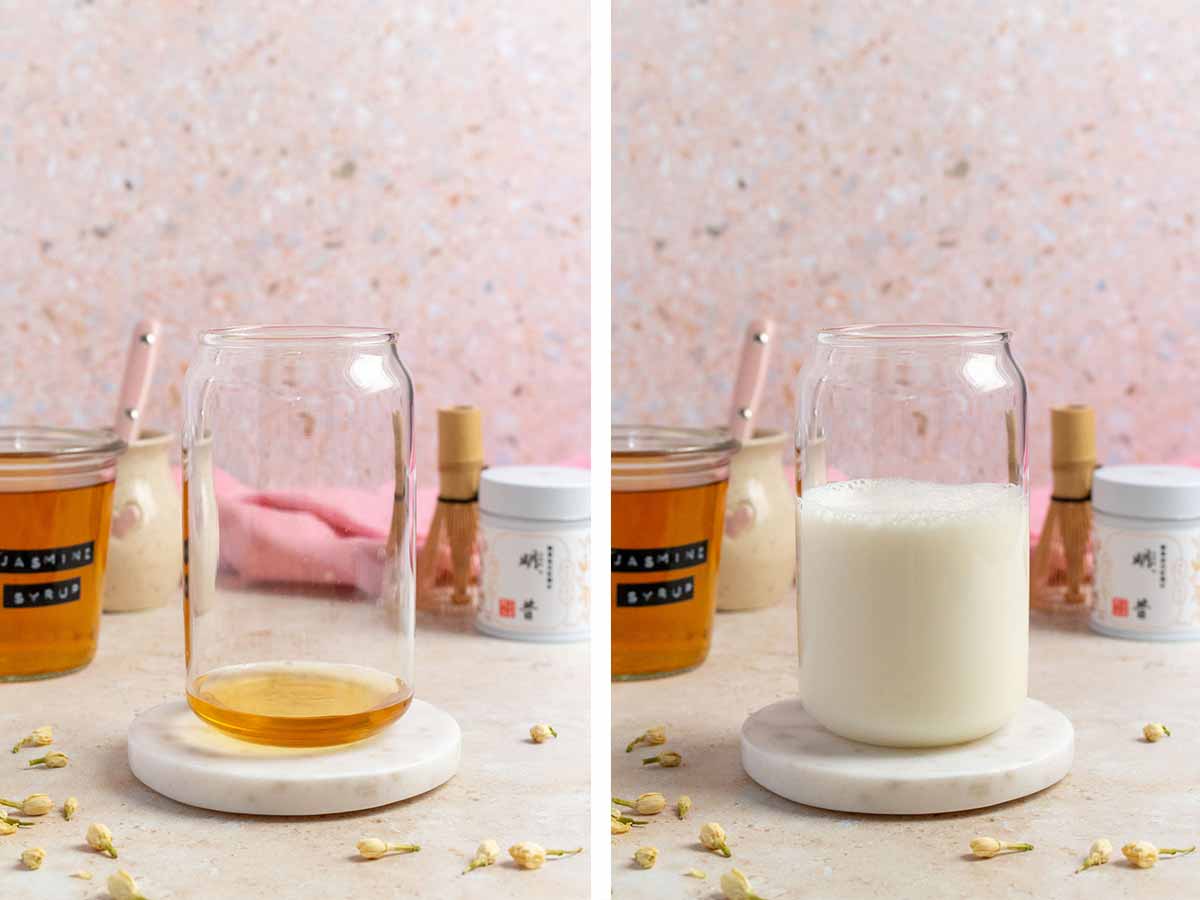 Set of two photos showing jasmine syrup and milk added to a glass on a coaster.