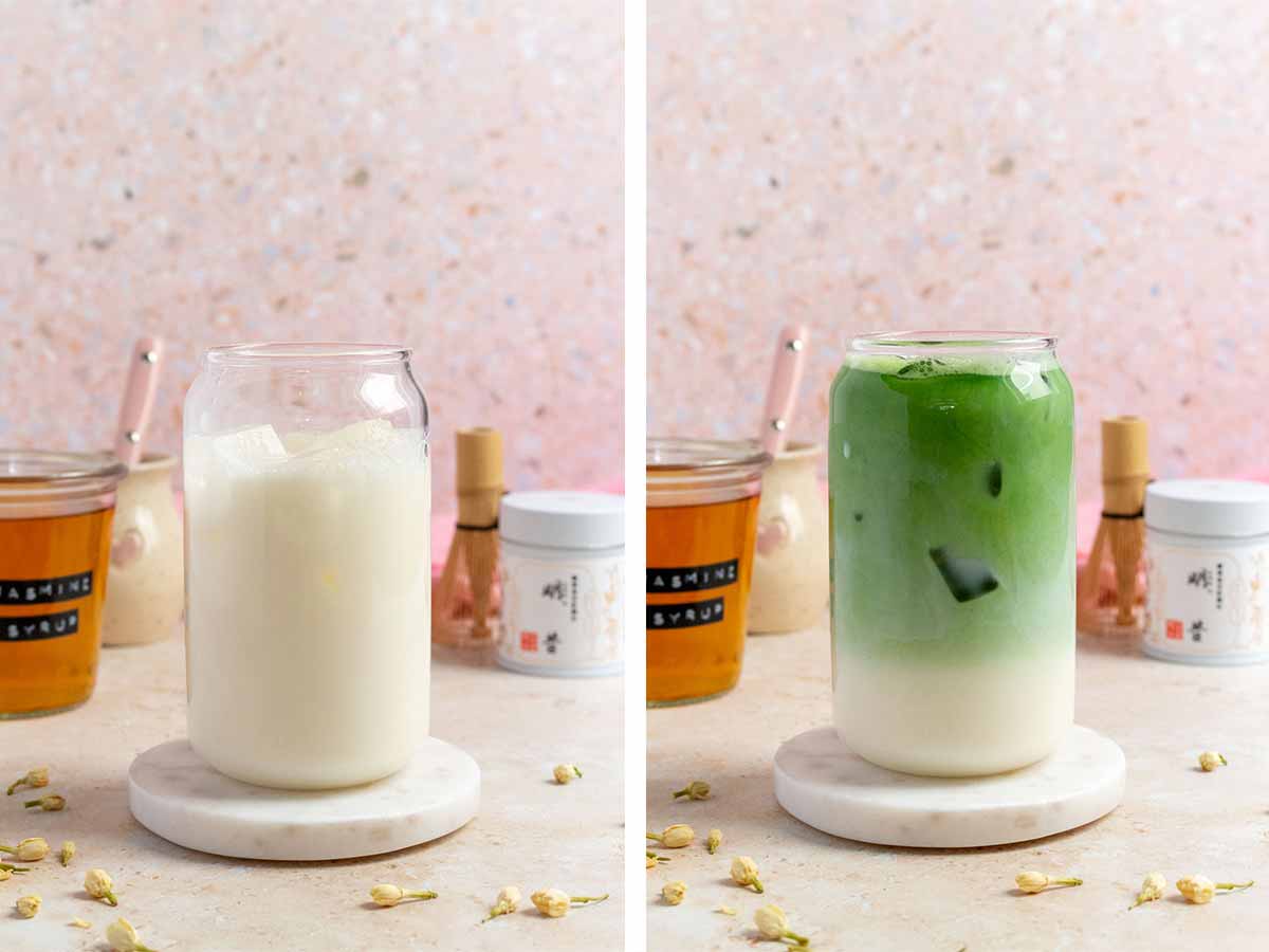 Set of two photos showing ice and matcha added to the glass on the coaster.