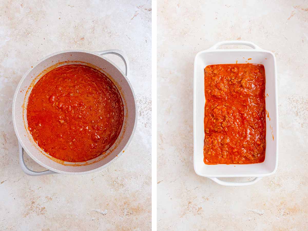 Set of two photos showing marinara sauce added to the pot of beef and cooked down before spread into a baking dish.
