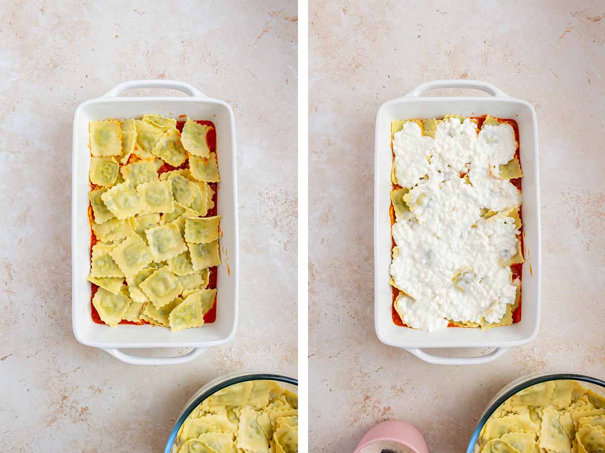 Set of two photos showing ravioli and cottage cheese added to the baking dish.