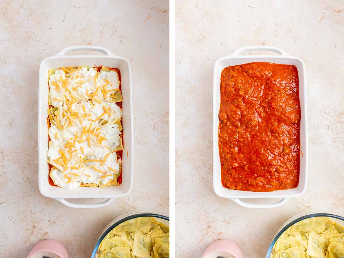 Set of two photos showing shredded cheese and meat sauce added to the baking dish.