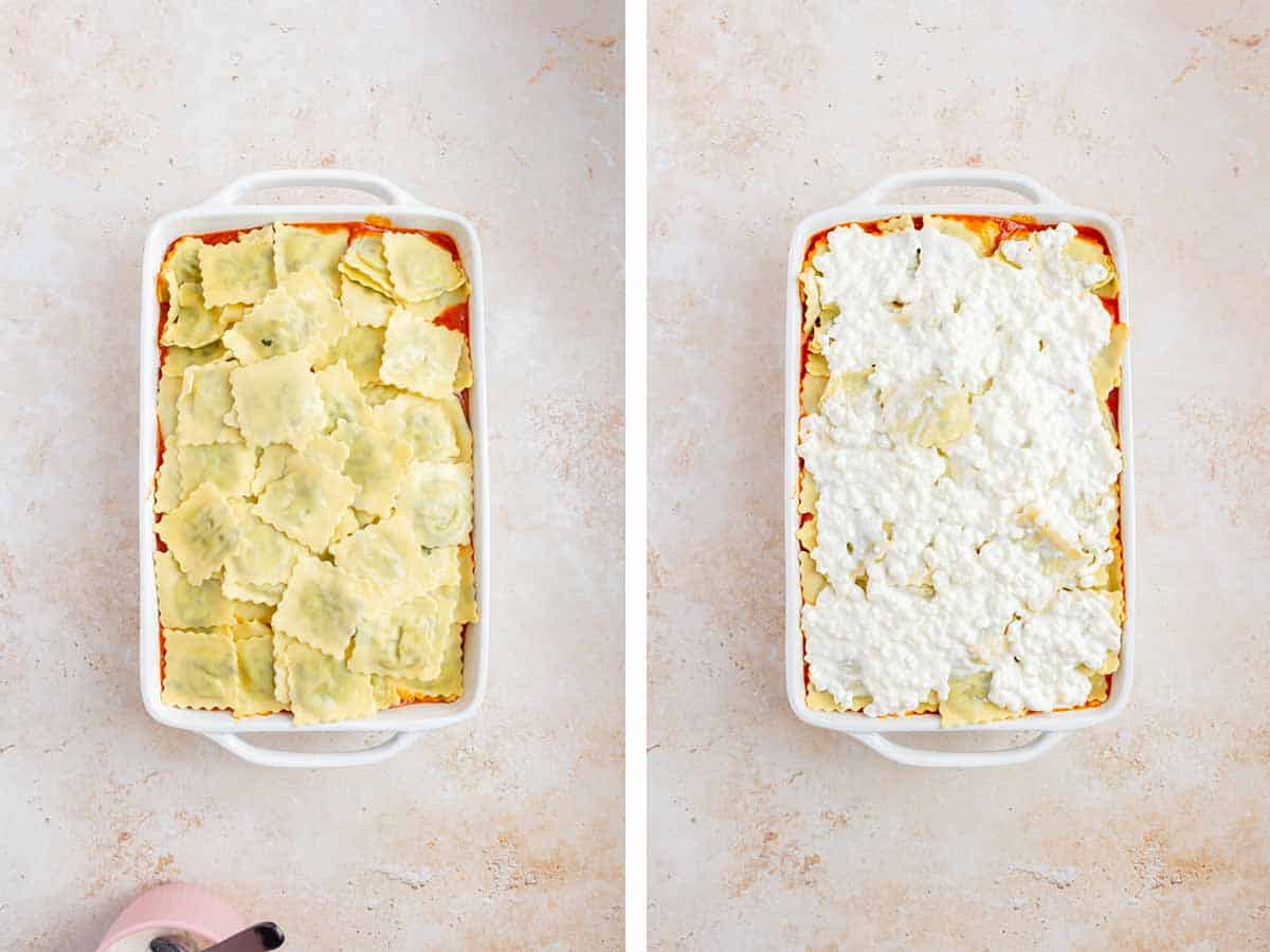Set of two photos showing ravioli and cottage cheese added to the baking dish.