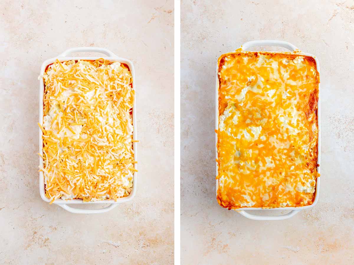 Set of two photos showing shredded cheese added to the baking dish then baked until the cheese is melty.