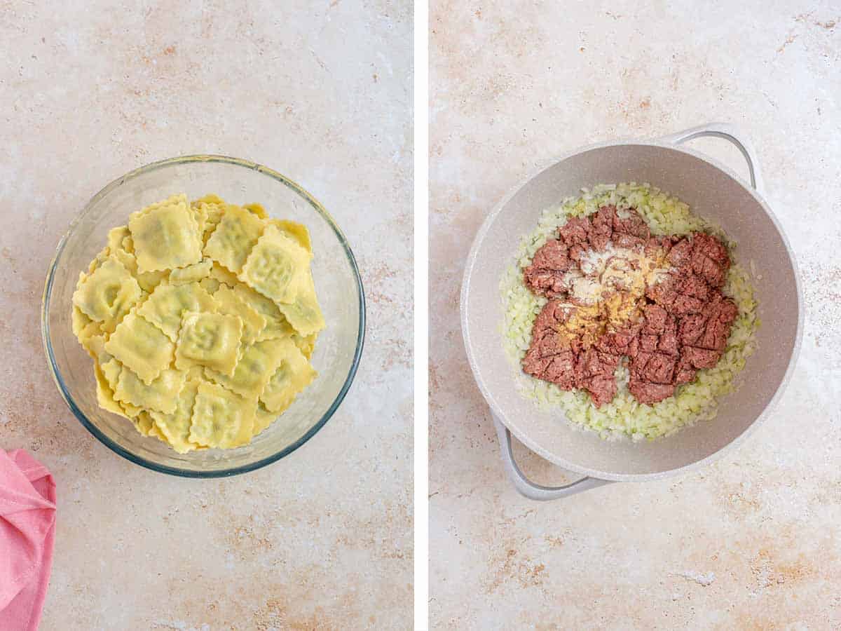 Set of two photos showing ravioli cooked in a bowl and then onions, ground beef, and seasoning in a pot.