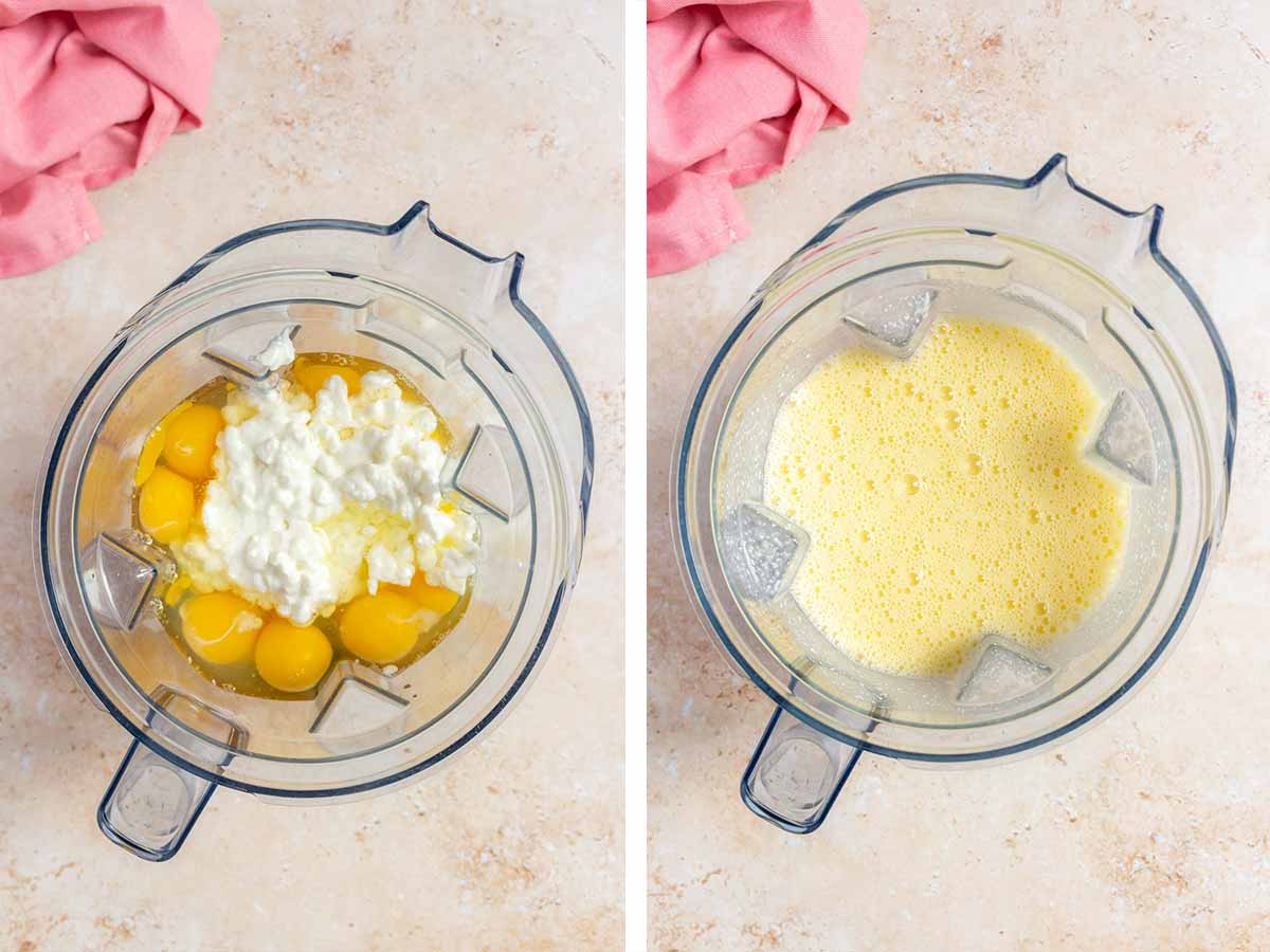 Set of two photos showing cottage cheese added to a blender and the eggs blended until smooth.