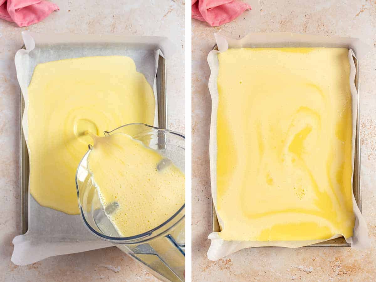 Set of two photos showing blended cottage cheese eggs poured into a lined sheet pan.
