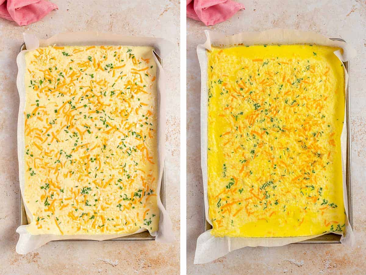 Set of two photos showing shredded cheese and chives added to the sheet pan with eggs then baked.