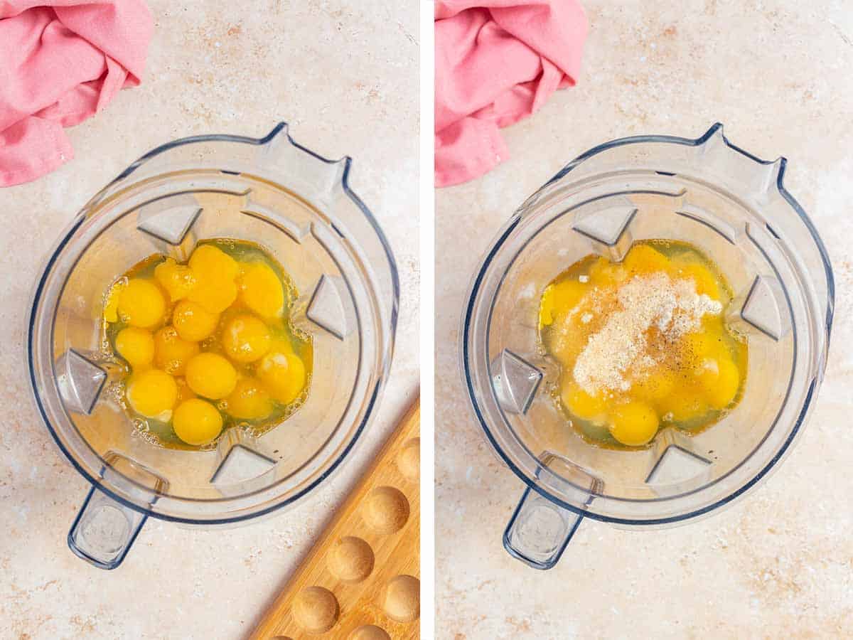 Set of two photos showing eggs and seasoning added to a blender.