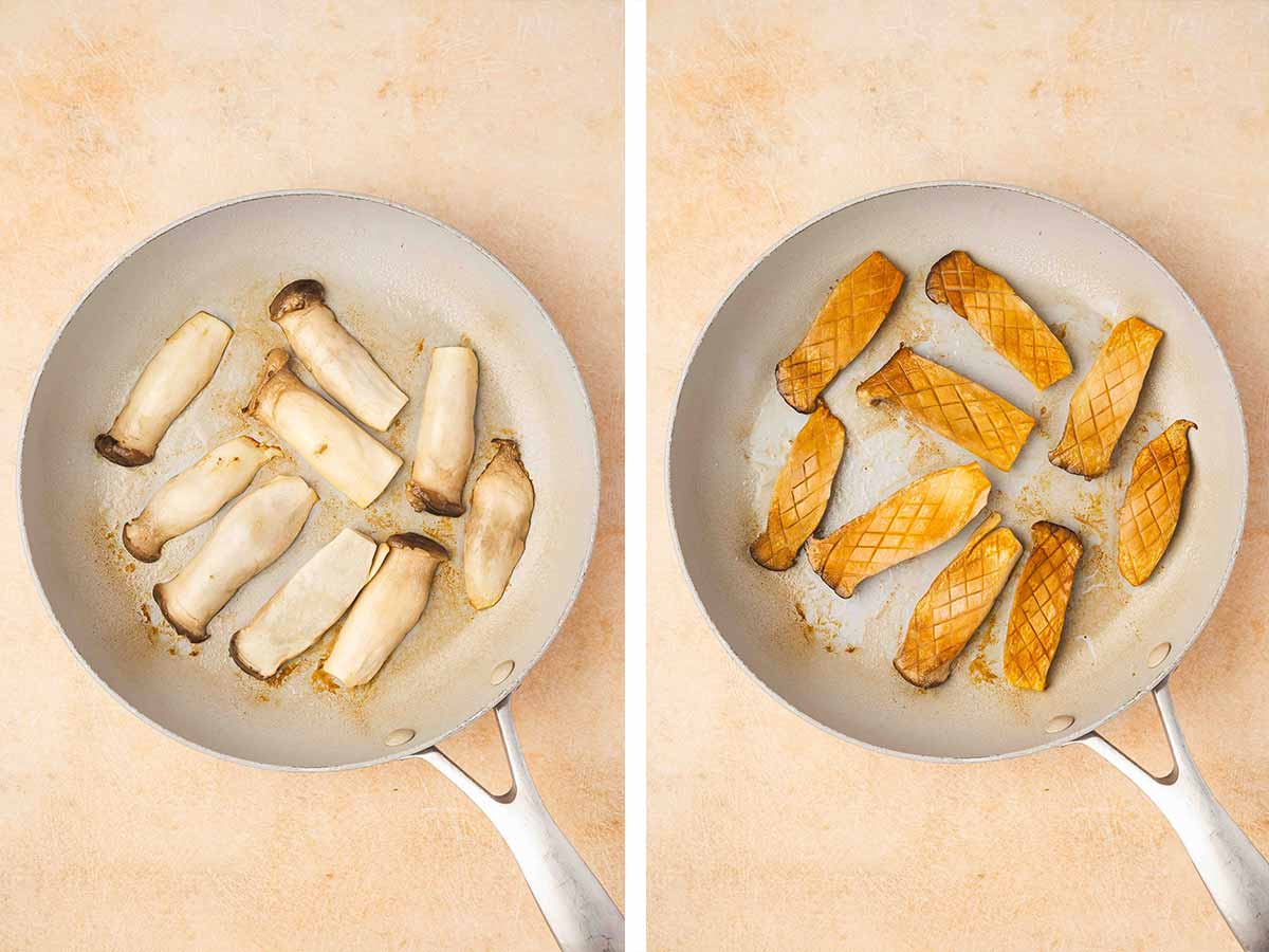 Set of two photos showing mushrooms added to the skillet and seared.
