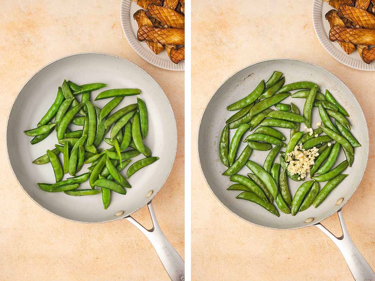 Set of two photos showing snap peas stir fried in a skillet with minced garlic.
