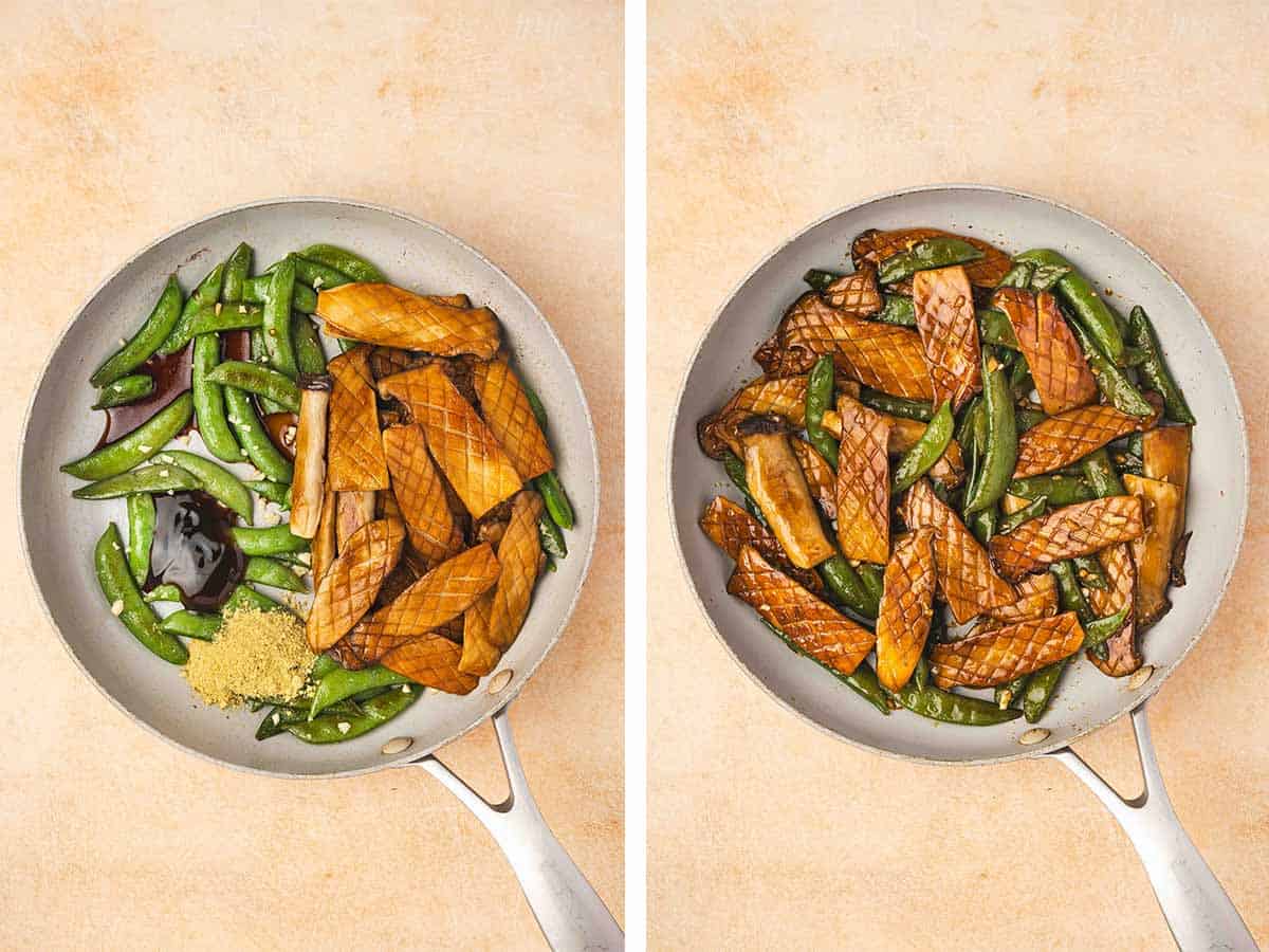 Set of two photos showing oyster sauce, soy sauce, and chicken powder added to the skillet along with the cooked mushrooms and stir fried together.