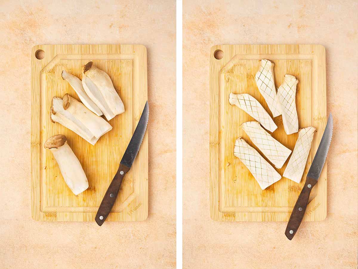 Set of two photos showing baby king oyster mushrooms sliced and cross hatched.