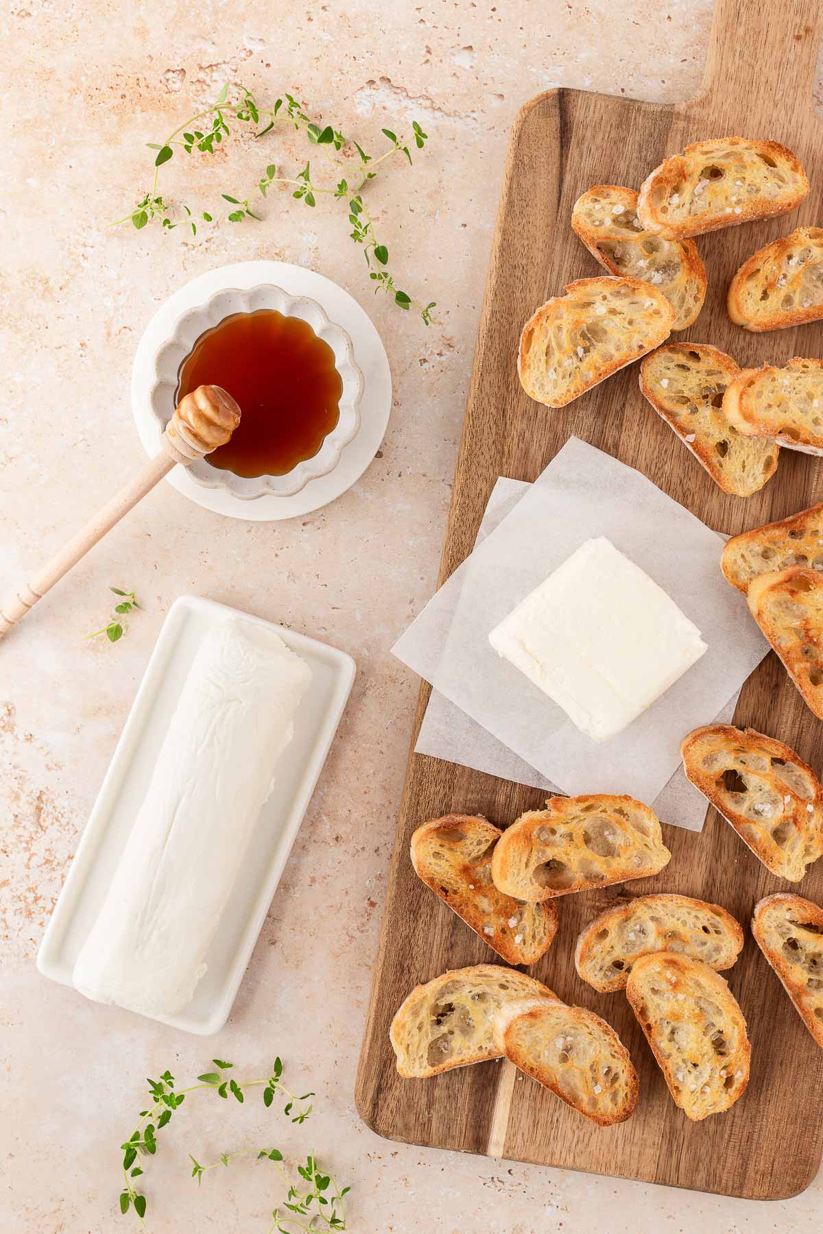 Ingredients needed to make whipped goat cheese with hot honey.