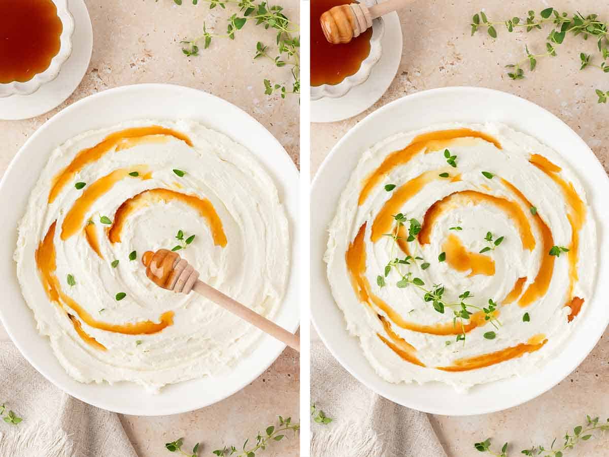 Set of two photos showing whipped goat cheese added to a plate and hot honey drizzled on top with fresh thyme.