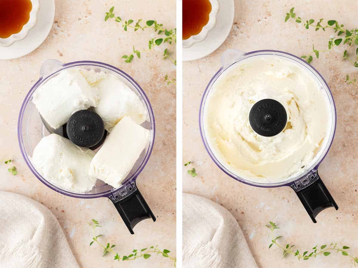 Set of two photos showing goat cheese and cream cheese added to a food processor and whipped together.