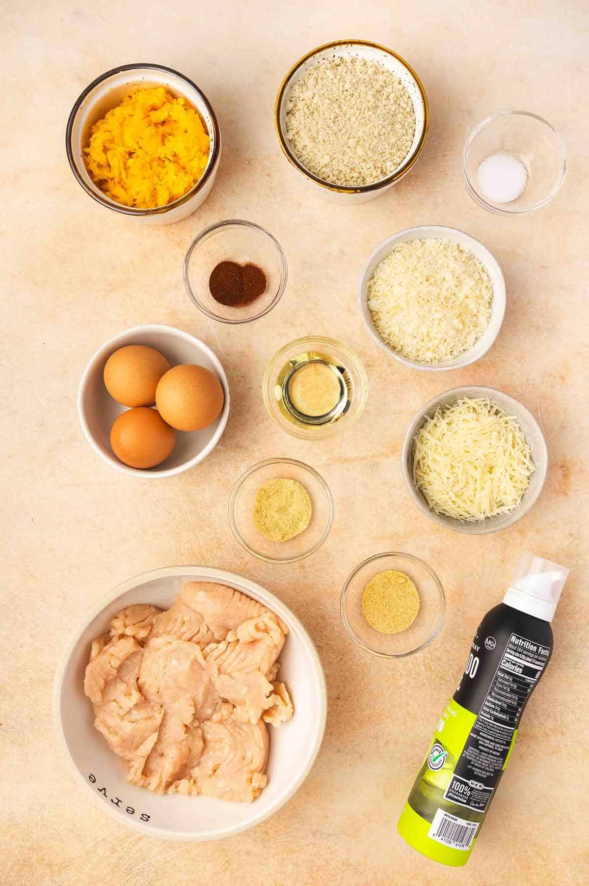 Ingredients needed to make cheesy chicken nuggets.