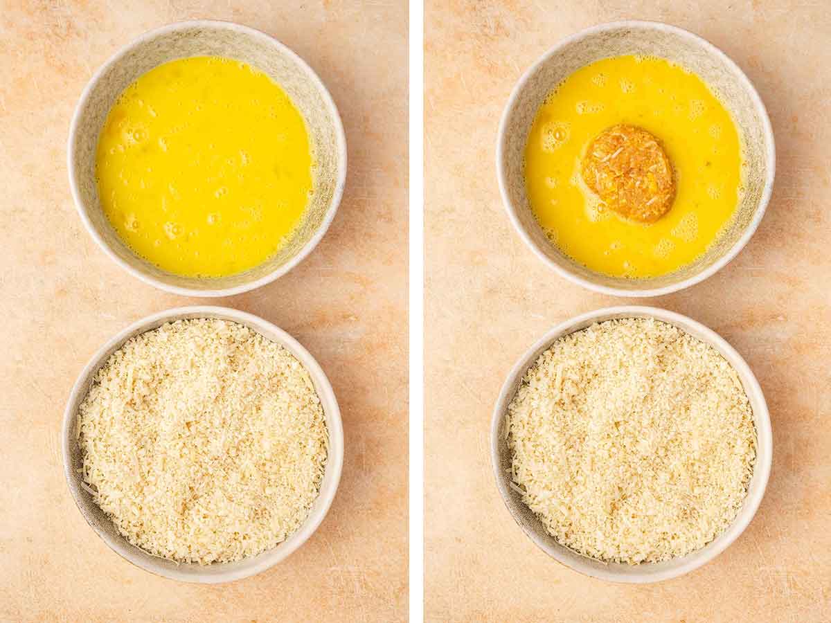 Set of two photos showing prepped bowls of egg wash and breadcrumbs and the meat mixture dipped into the egg wash.