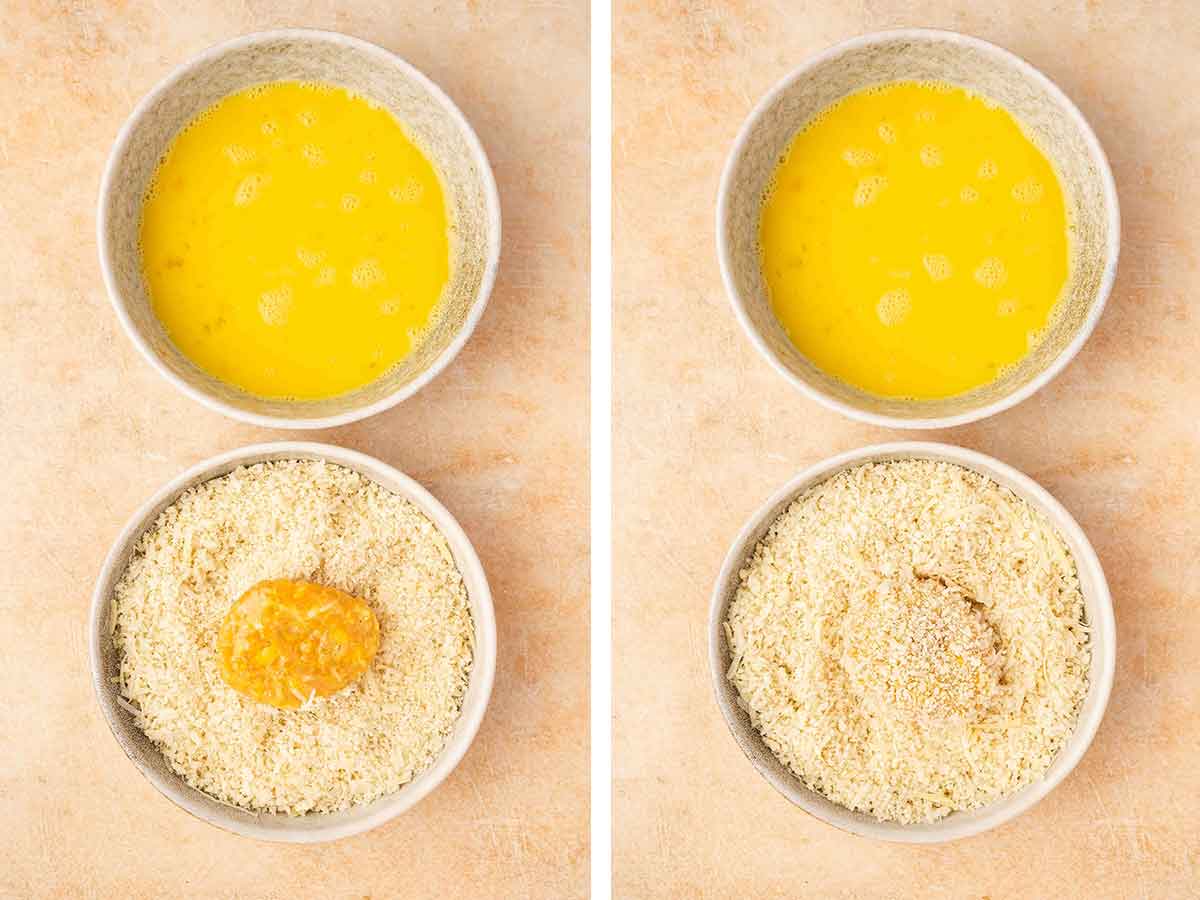 Set of two photos showing egg wash coated nugget dipped into the breadcrumbs.