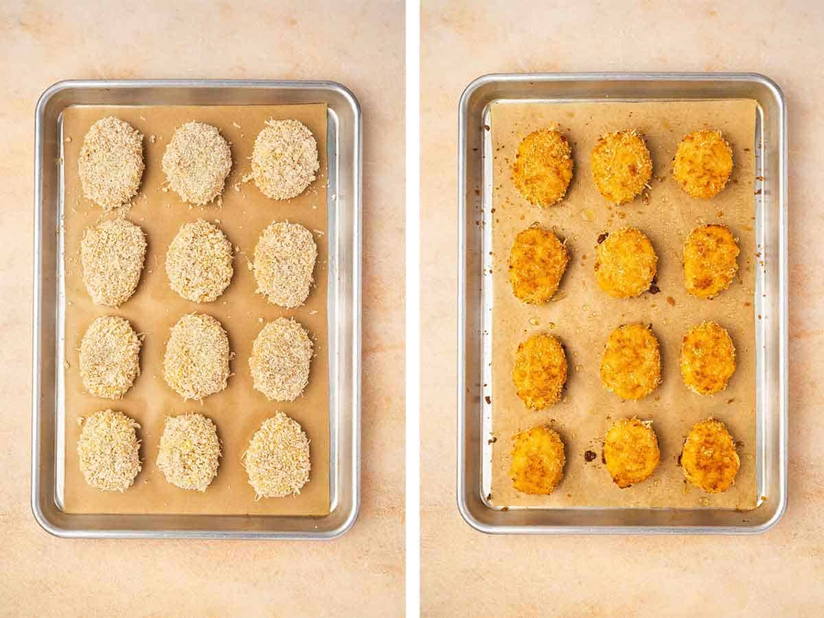 Set of two photos showing cheesy chicken nuggets placed on a lined sheet pan before and after baking.