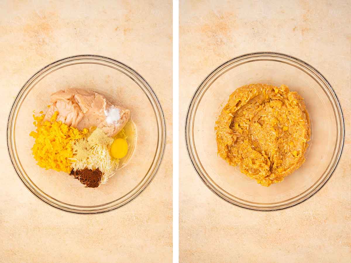 Set of two photos showing ingredients added into a bowl and mixed together.