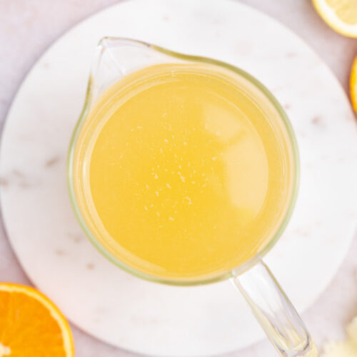 Overhead view of a pitcher of homemade lemon lime Gatorade drink recipe.
