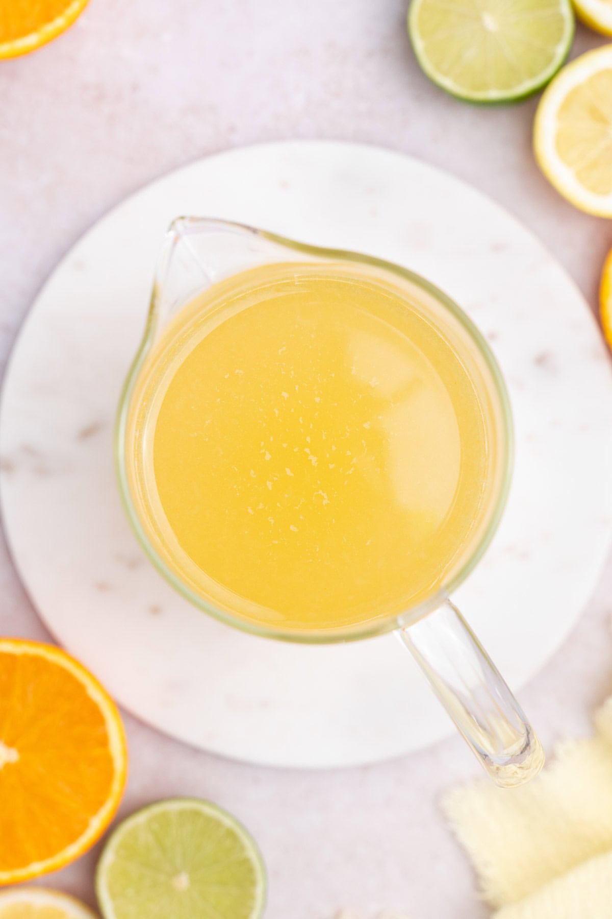 Overhead view of a pitcher of homemade lemon lime Gatorade drink recipe.