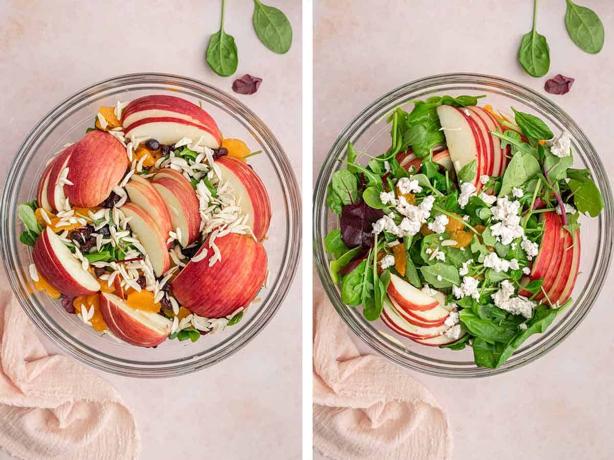 Set of two photos showing apples, dried cranberries, almonds, and goat cheese added to a bowl.