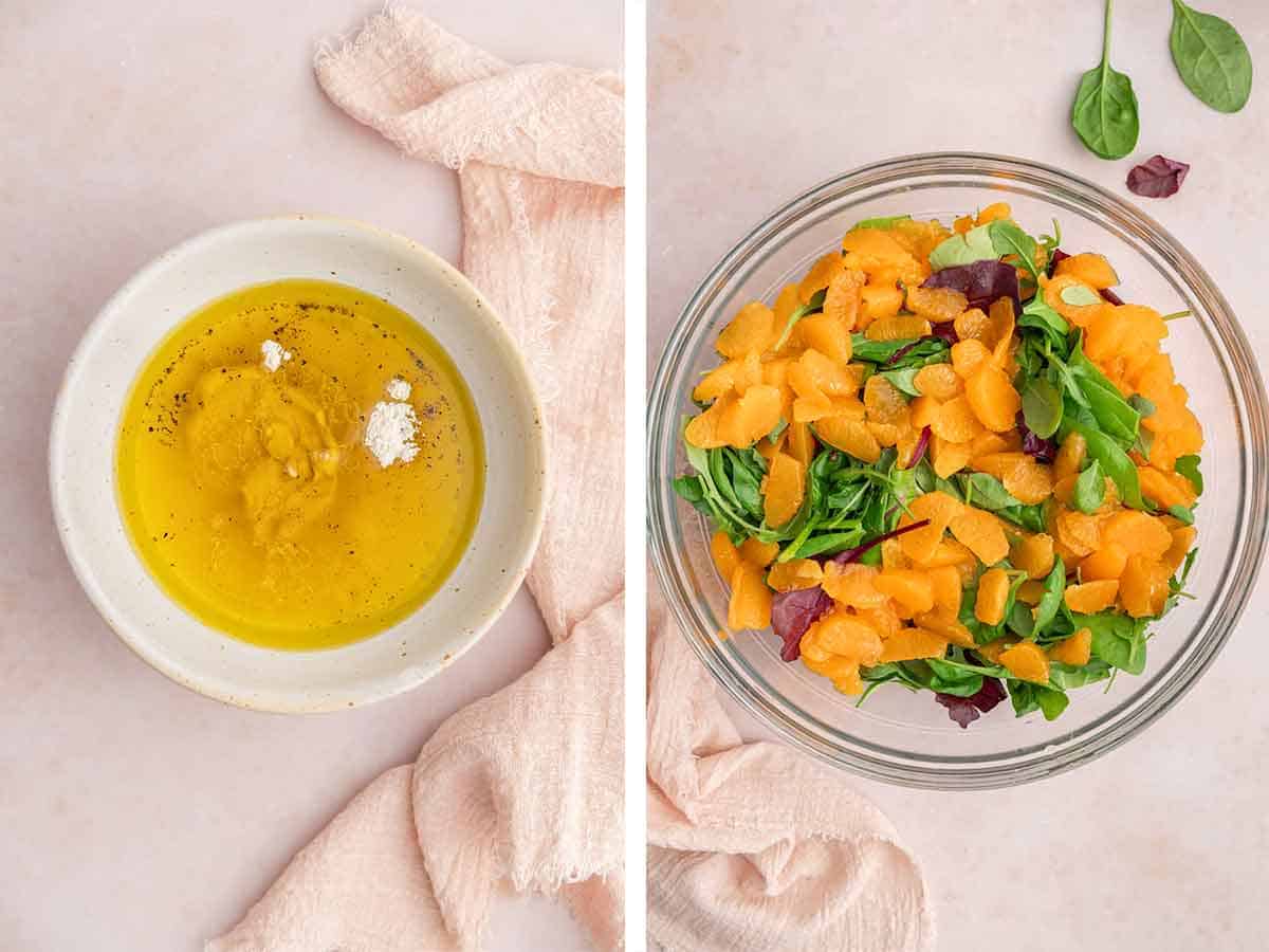 Set of two photos showing salad dressing ingredients added to a bowl and mandarins and mixed greens added to a bowl.