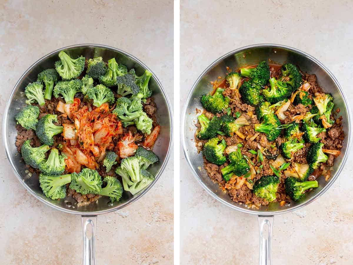 Set of two photos showing broccoli and kimchi added to the skillet and sauted.
