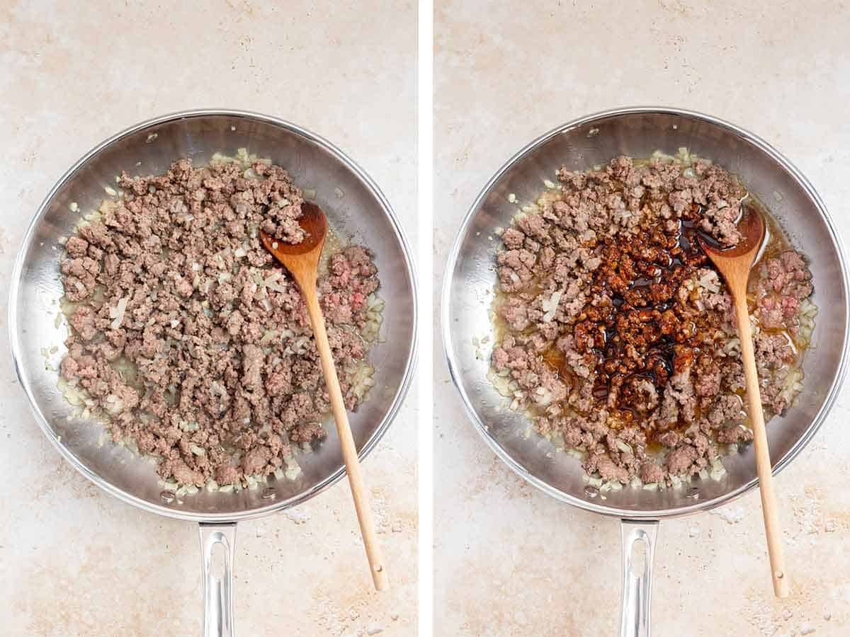 Set of two photos showing garlic, onions, and ground beef cooked in a skillet then sauce added.