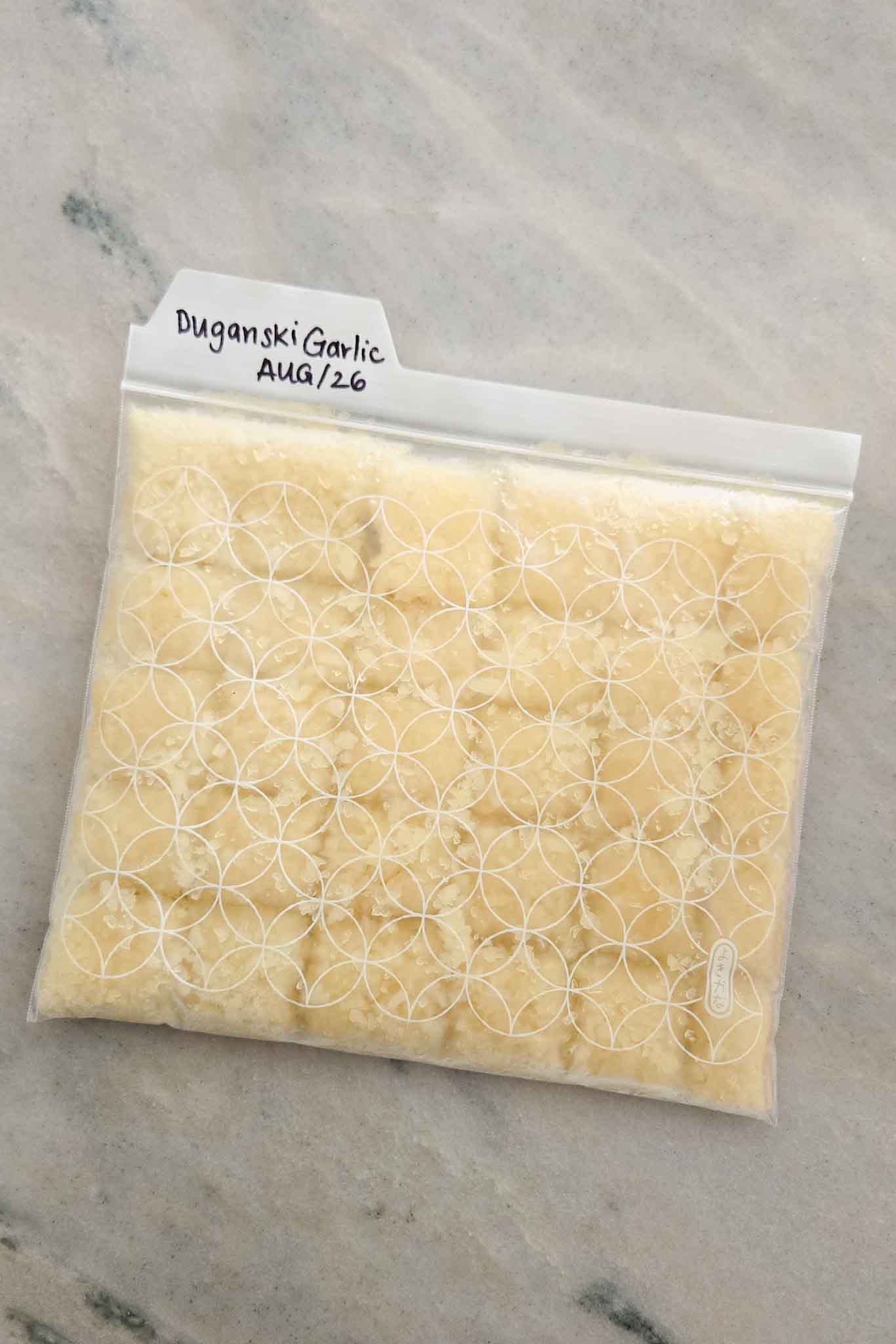 Minced garlic in a freezer bag.