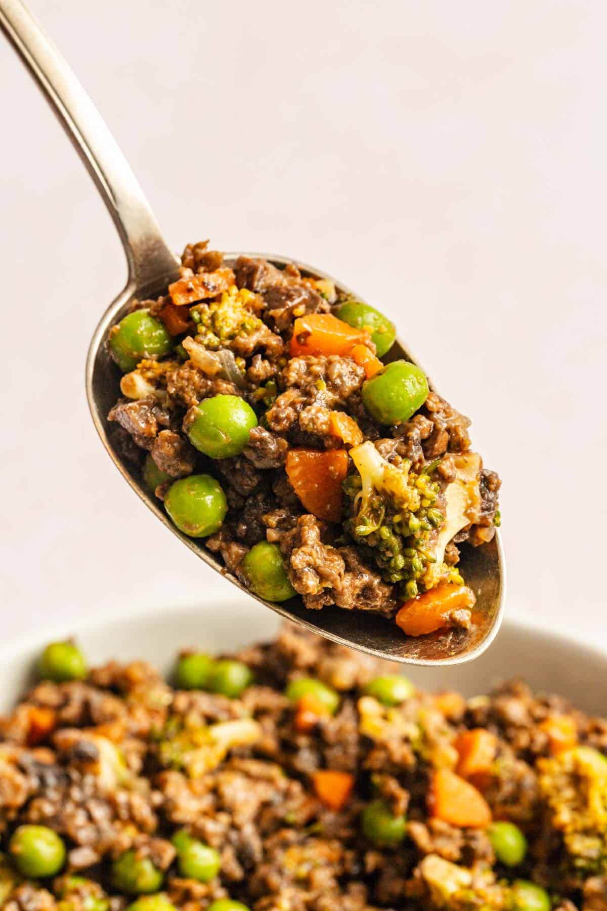 Shepherd's pie filling in a spoon.