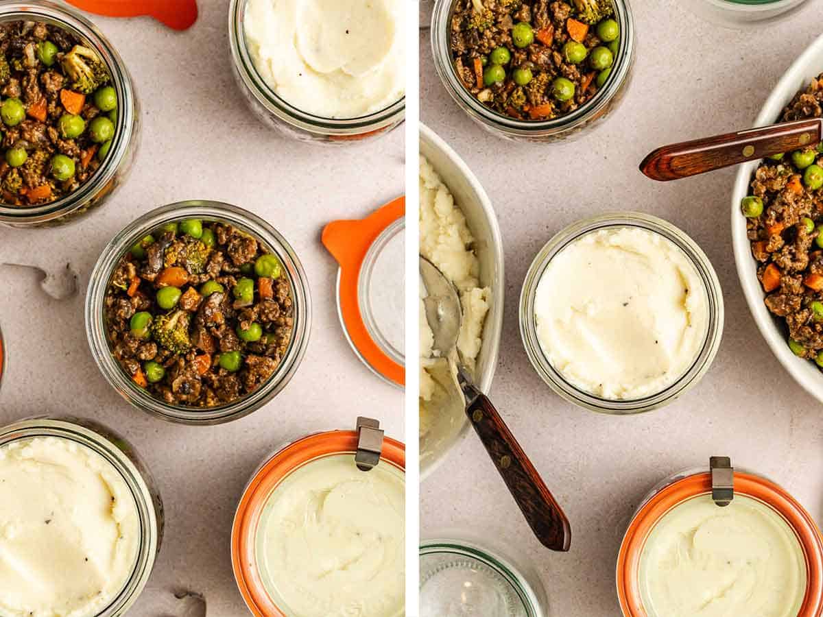 Two overhead photos of mason jar shepherd's pie being assembled.