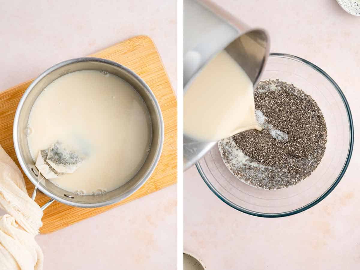 Set of two photos showing cooled jasmine milk tea cooled and added to chia seeds in a bowl.