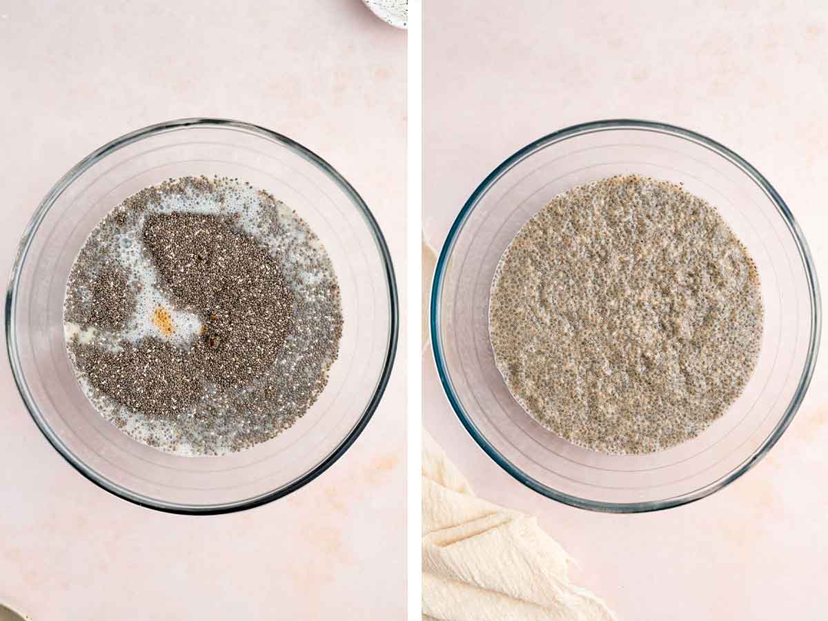 Set of two photos showing vanilla extract and maple syrup added to the chia pudding mix and then set overnight.