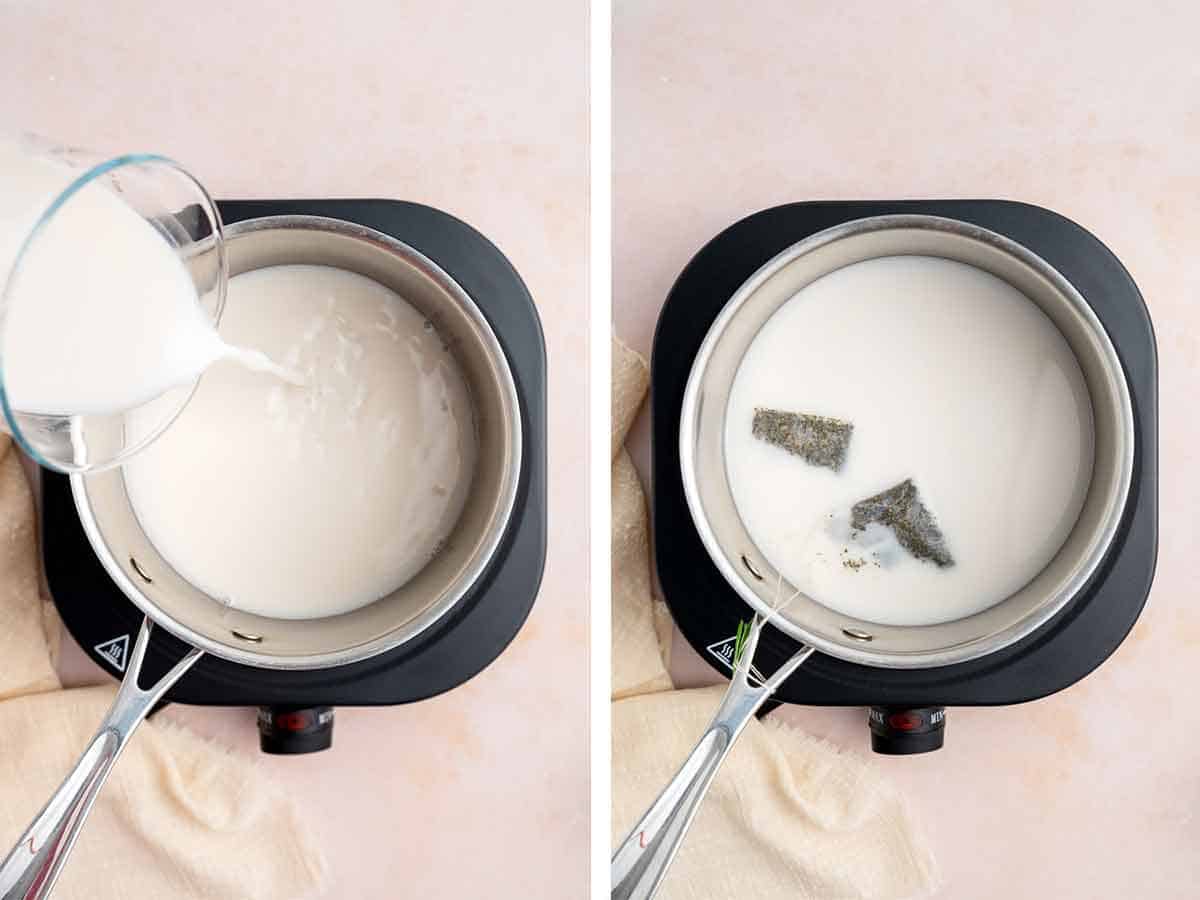 Set of two photos showing milk poured into a skillet and two tea bags added to it.