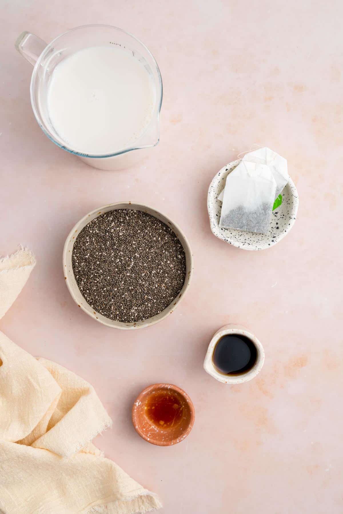 Ingredients needed to make jasmine chia pudding.