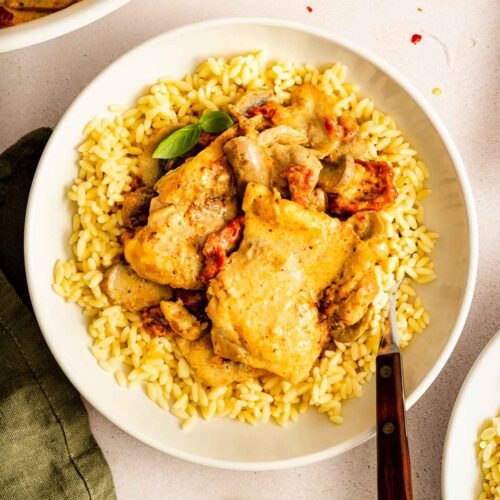 A plate of Instant Pot creamy sun-dried tomato parmesan chicken over a bed of rice.
