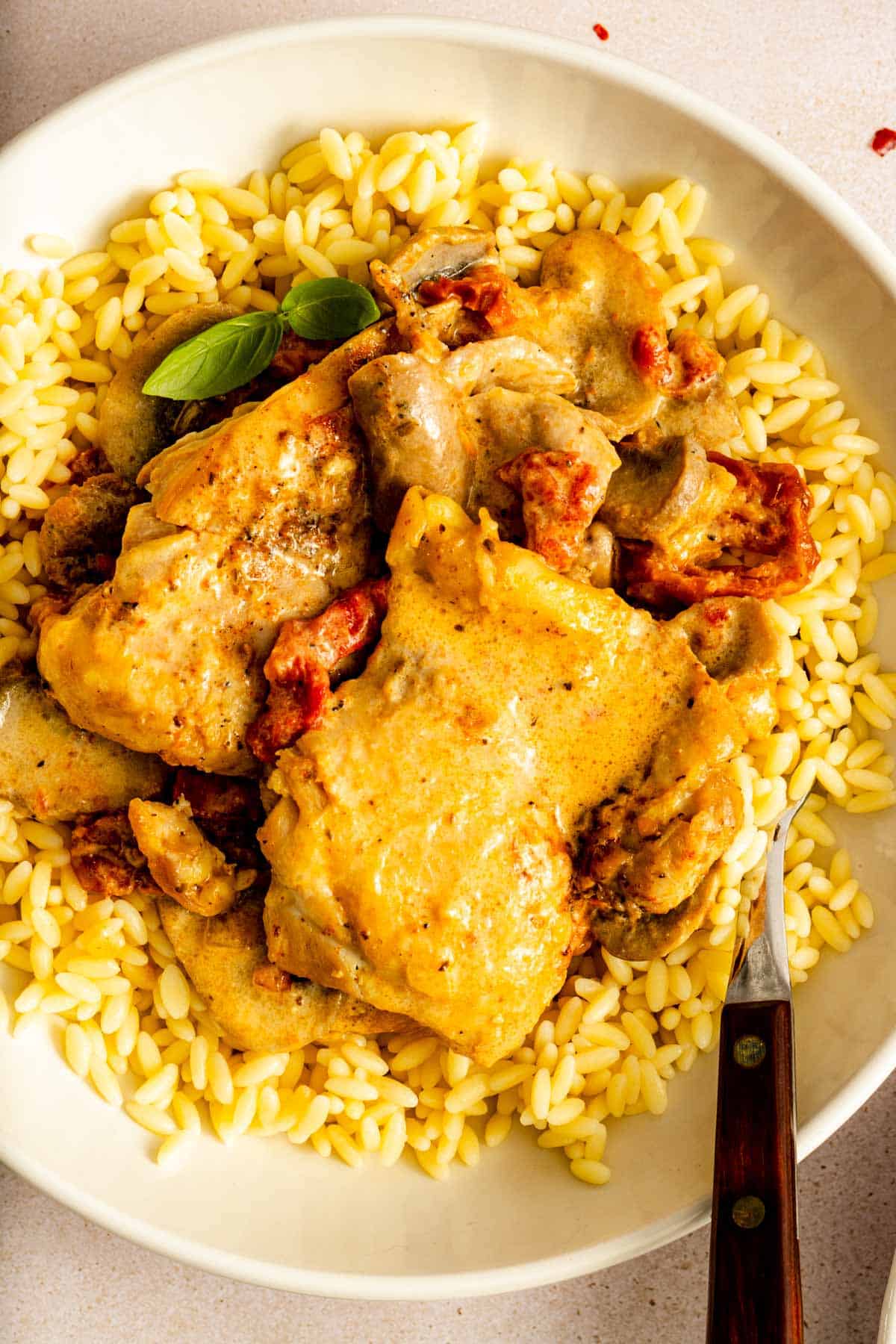 Close up view of Instant Pot creamy sun-dried tomato parmesan chicken over a bed of rice.