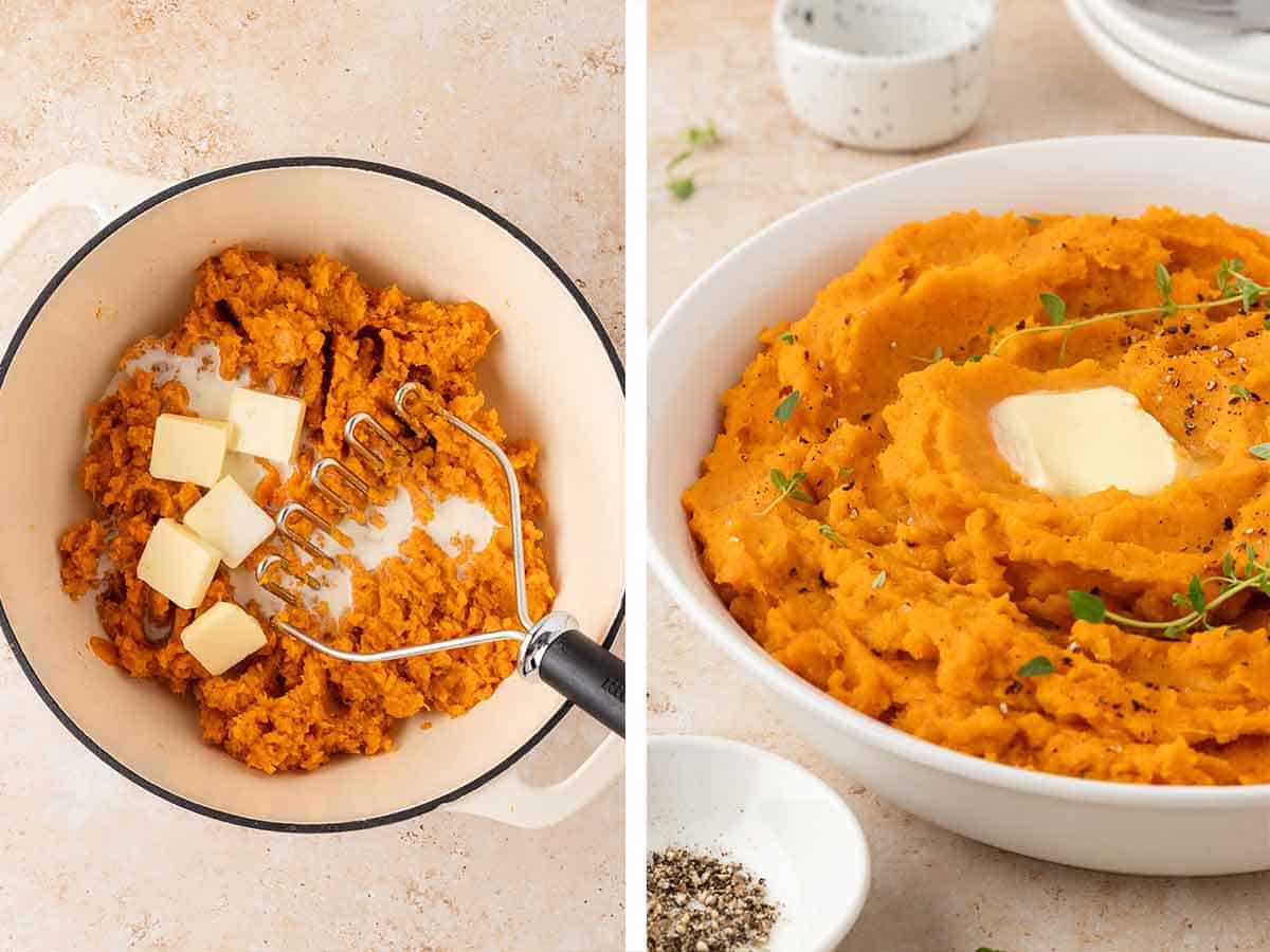 Set of two photos showing butter and cream added to the mashed sweet potatoes and thing mixed together to serve.