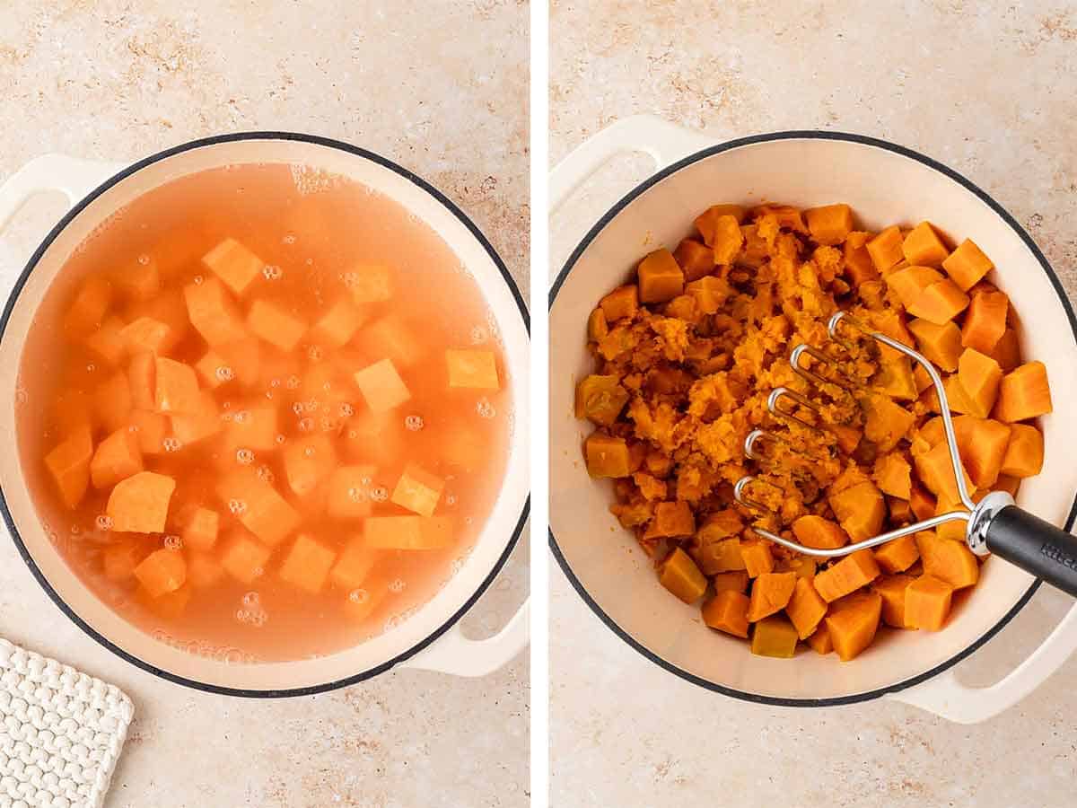 Set of two photos showing diced sweet potatoes in a pot of water and then drained and mashed.