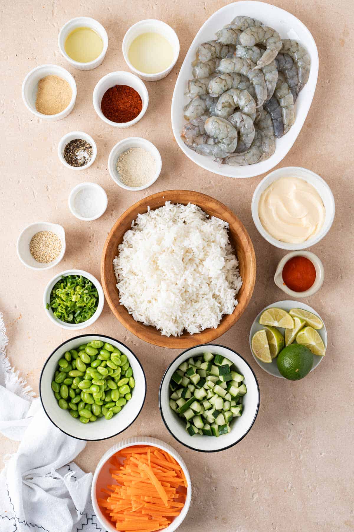 Ingredients needed to make shrimp rice bowls with spicy mayo.