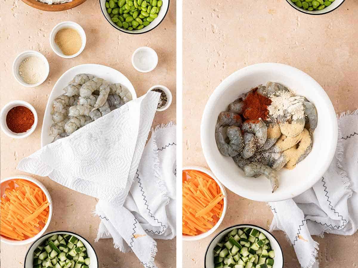 Set of two photos showing shrimp patted dry with a paper towel and then seasoned.