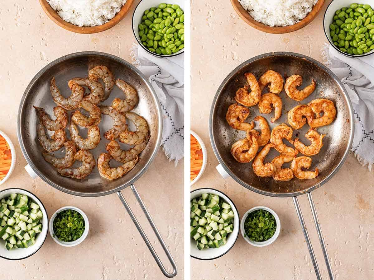 Set of two photos showing before and after shrimp pan-seared.