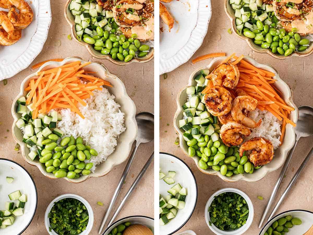 Set of two photos showing rice bowl being assembled with carrots, cucumber, edamame, and shrimp.