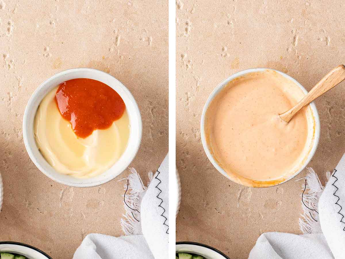 Set of two photos showing spicy mayo being mixed together.